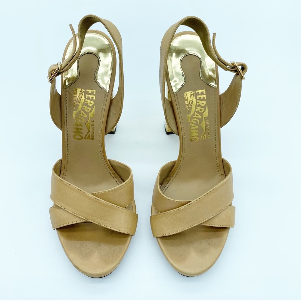 Salvatore Ferragamo Gold Block Heel Leather Sandals - Picture 4 of 11